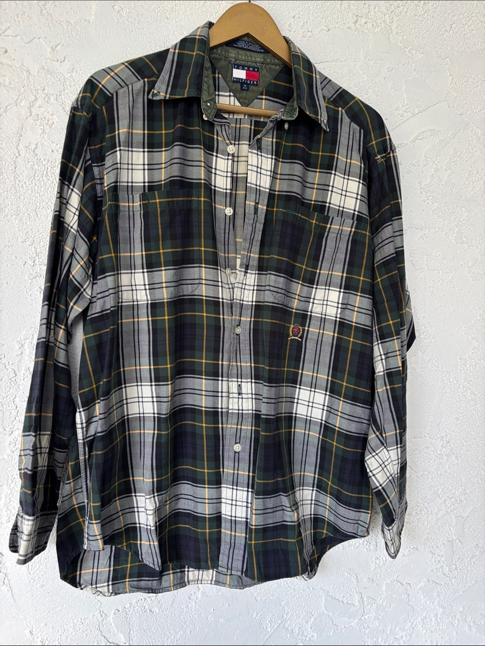 Tommy Hilfiger Green and White Plaid Button-Down Shirt